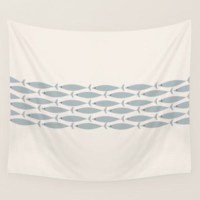 Fish Stripe 6 - Minimalist Ocean Pattern in Cream and Light Blue-Gray Wall Tapestry Gallery Image 1