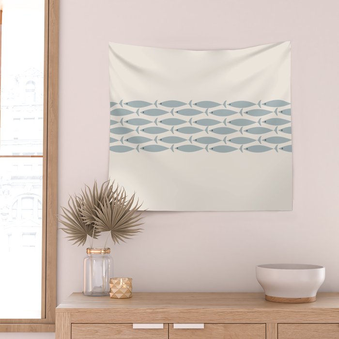 Fish Stripe 6 - Minimalist Ocean Pattern in Cream and Light Blue-Gray Wall Tapestry Gallery Image 2