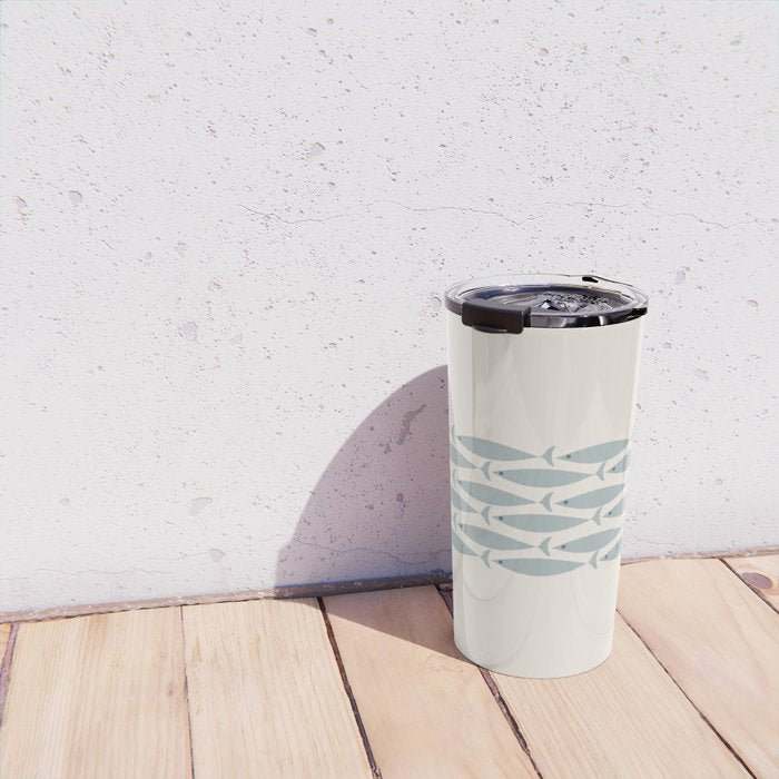 Fish Stripe 6 - Minimalist Ocean Pattern in Cream and Light Blue-Gray Travel Mug Gallery Image 4