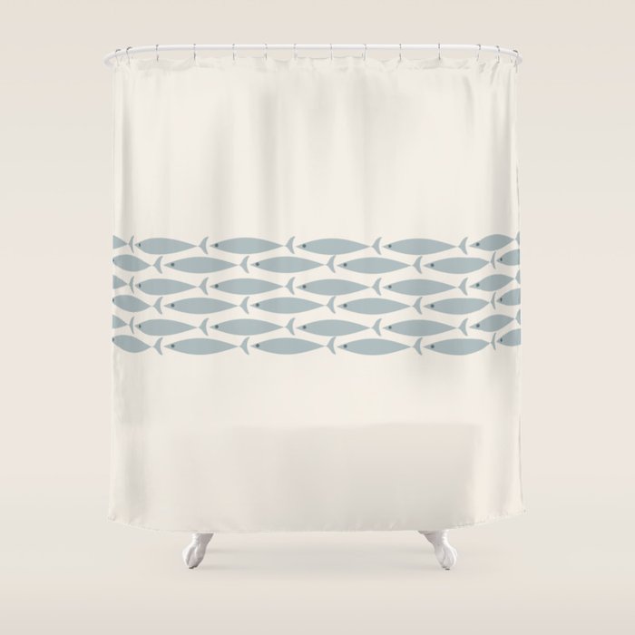 Fish Stripe 6 - Minimalist Ocean Pattern in Cream and Light Blue-Gray Shower Curtain Gallery Image 1