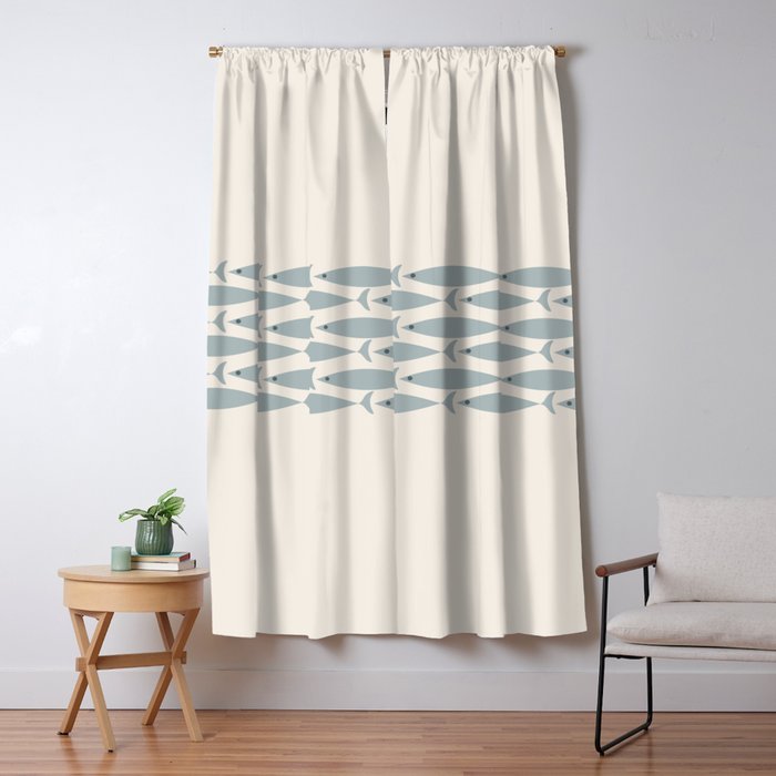 Fish Stripe 6 - Minimalist Ocean Pattern in Cream and Light Blue-Gray Window Curtain Gallery Image 5