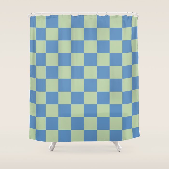 Blue and Light Green Checkerboard Pattern Shower Curtain Gallery Image 1
