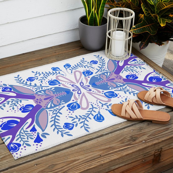 Floral Antlers - Blue Palette Outdoor Rug Gallery Image 2
