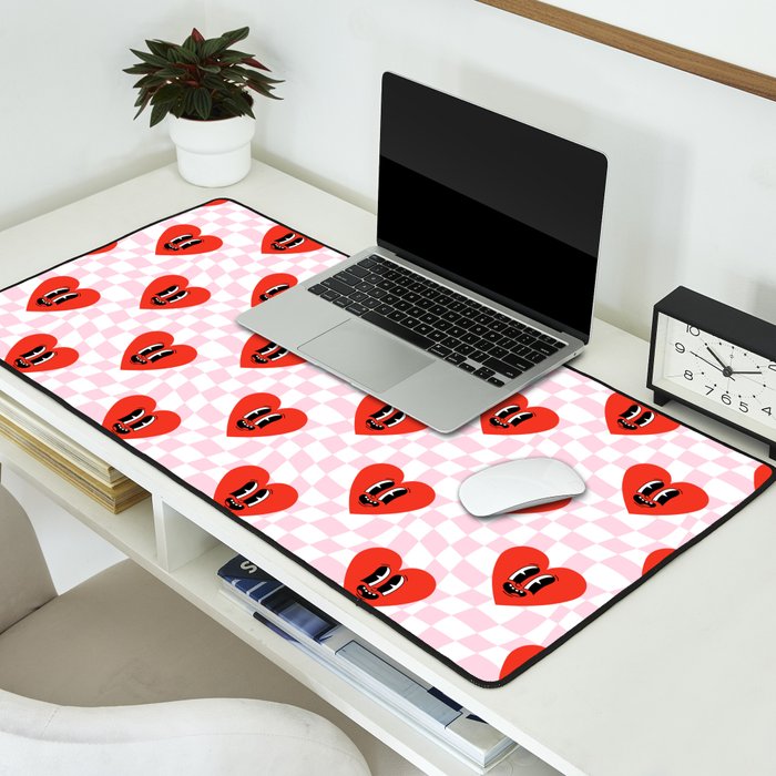Retro checkered love heart cartoon pattern Desk Mat Gallery Image 2