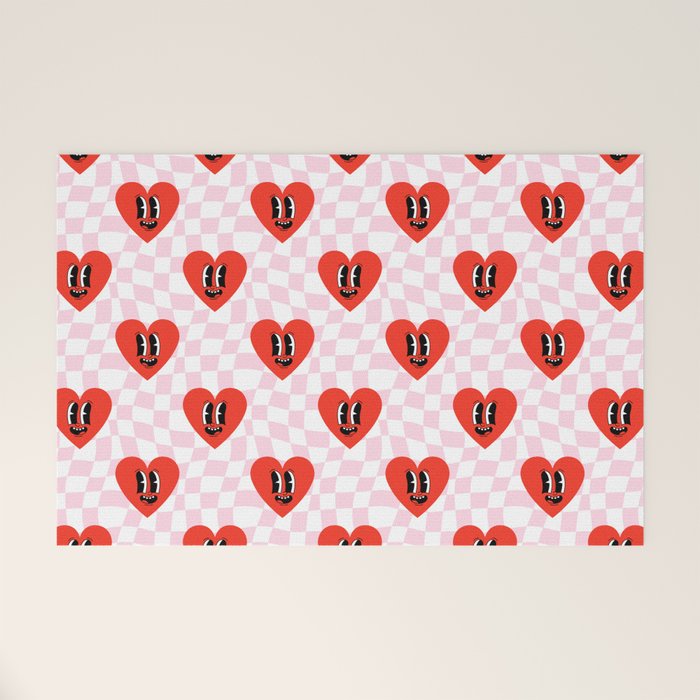 Retro checkered love heart cartoon pattern Welcome Mat Gallery Image 1
