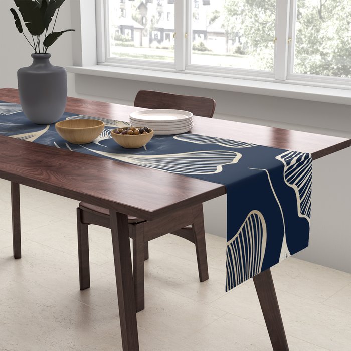 Festive, Gingko Leaves, Floral Prints, Navy Blue Table Runner Gallery Image 2