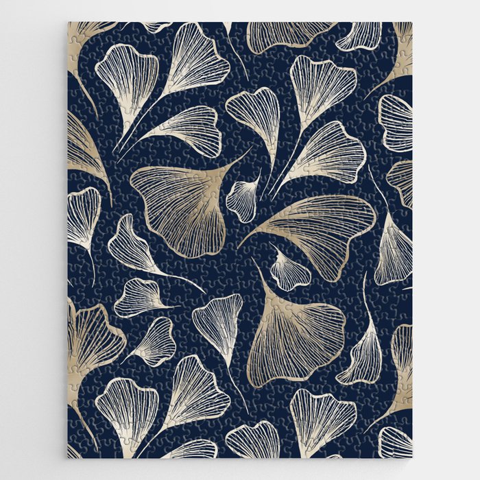 Festive, Gingko Leaves, Floral Prints, Navy Blue Jigsaw Puzzle Gallery Image 1