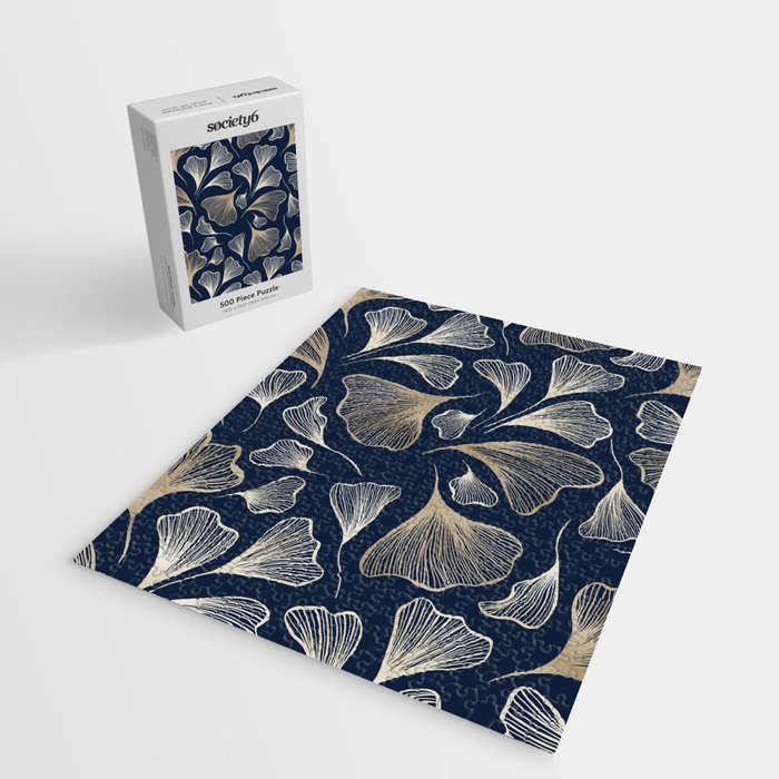 Festive, Gingko Leaves, Floral Prints, Navy Blue Jigsaw Puzzle Gallery Image 2