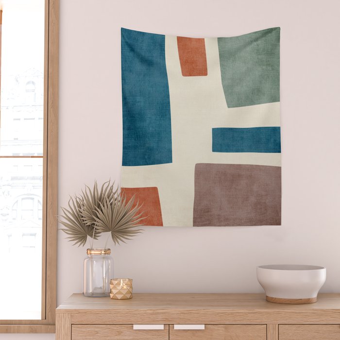 Navy Rust Brown Green Modern Artwork Wall Tapestry Gallery Image 2