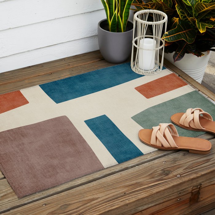 Navy Rust Brown Green Modern Artwork Outdoor Rug Gallery Image 2