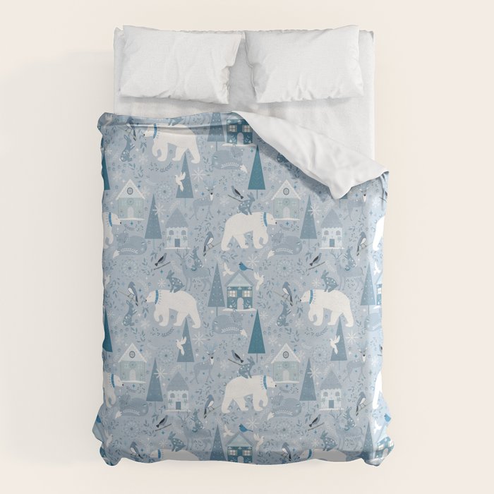 Scandinavian style festive winter animals blue Duvet Cover Gallery Image 1