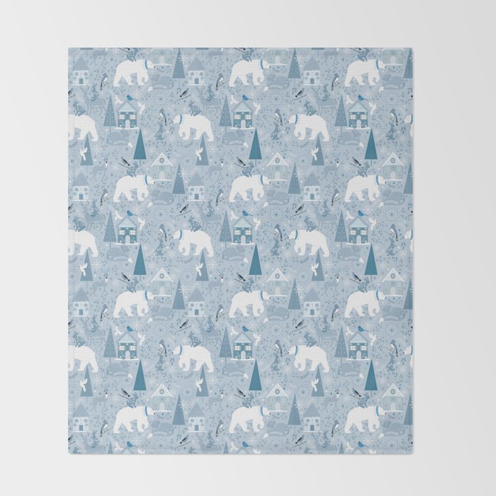 Scandinavian style festive winter animals blue Throw Blanket Gallery Image 2