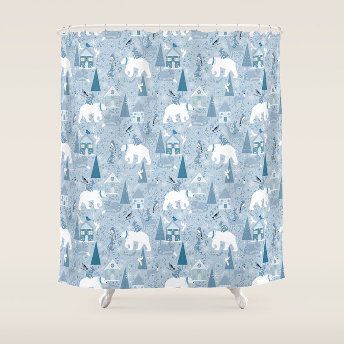Scandinavian style festive winter animals blue Shower Curtain Gallery Image 1