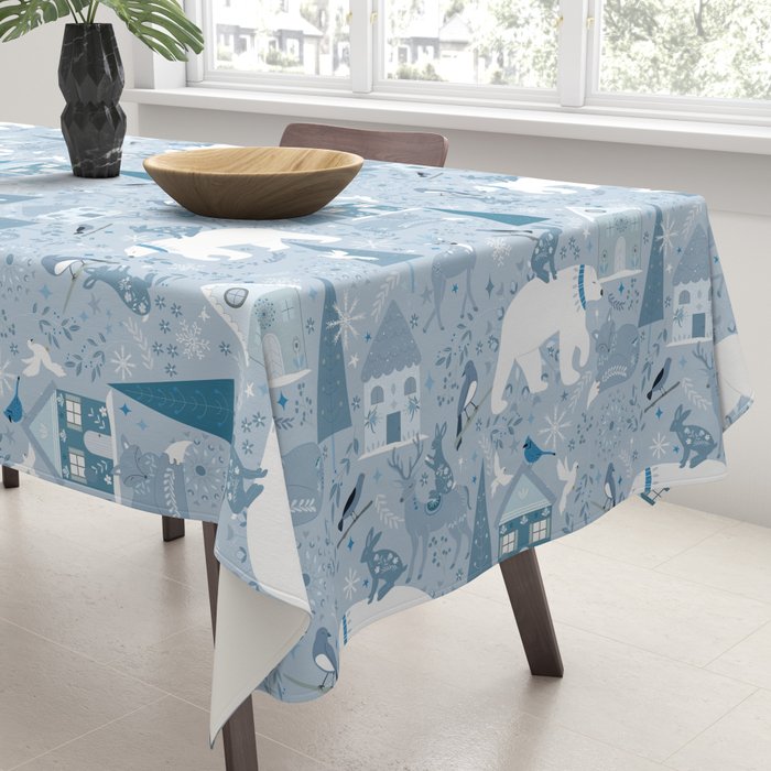 Scandinavian style festive winter animals blue Tablecloth Gallery Image 3