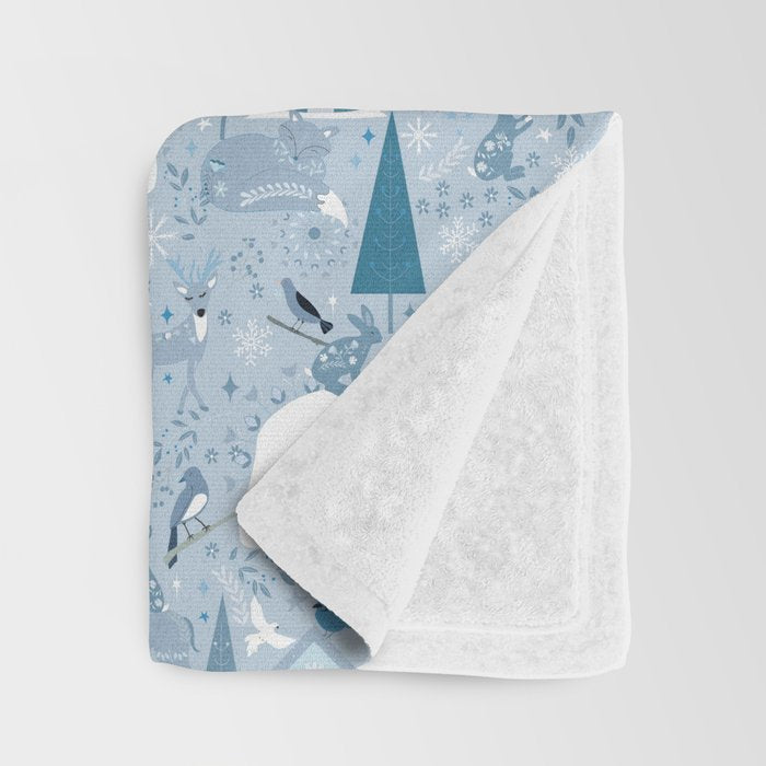 Scandinavian style festive winter animals blue Throw Blanket Gallery Image 3