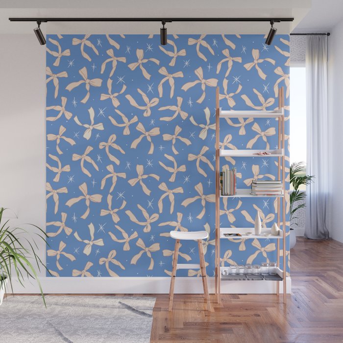 Cream Festive Bows On Blue Wall Mural Gallery Image 1