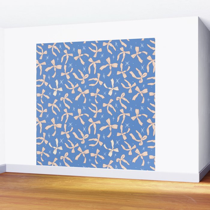 Cream Festive Bows On Blue Wall Mural Gallery Image 2