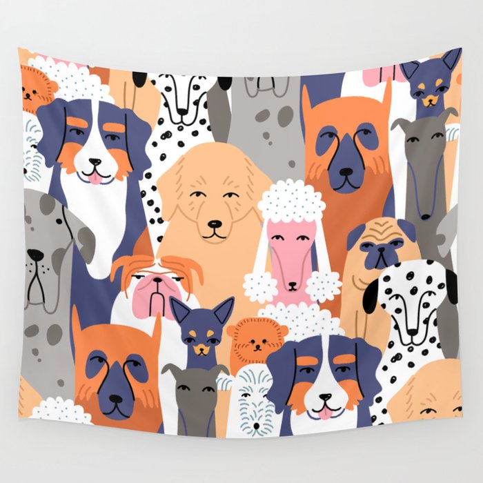 Funny diverse dog crowd character cartoon background Wall Tapestry Gallery Image 4