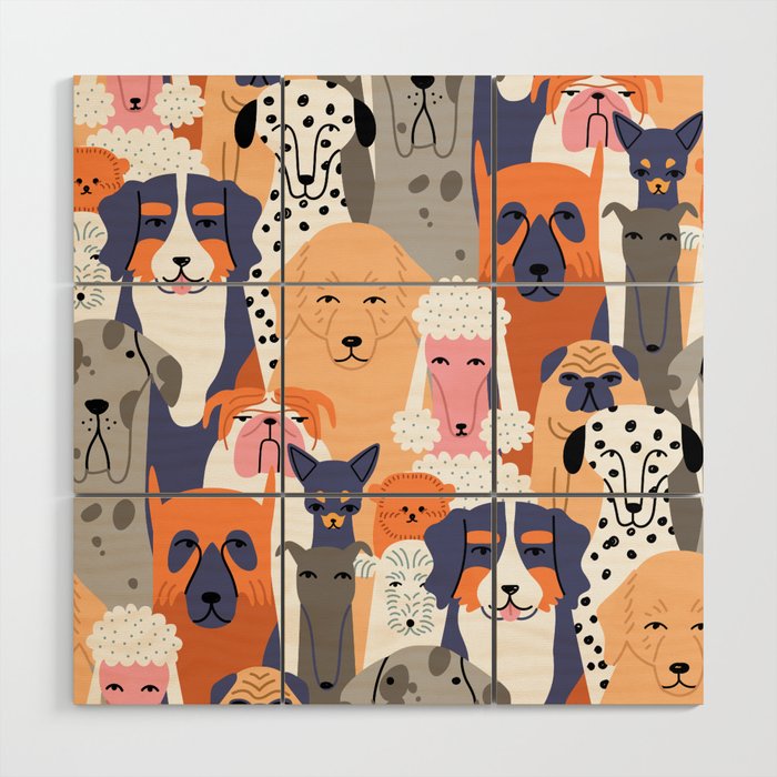Funny diverse dog crowd character cartoon background Wood Wall Art Gallery Image 1