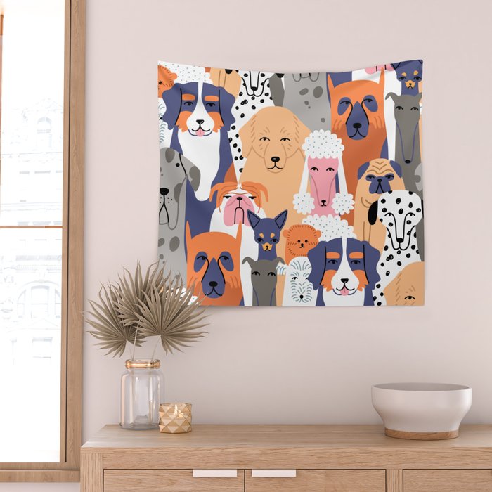 Funny diverse dog crowd character cartoon background Wall Tapestry Gallery Image 2