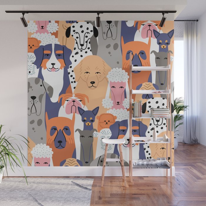 Funny diverse dog crowd character cartoon background Wall Mural Gallery Image 1