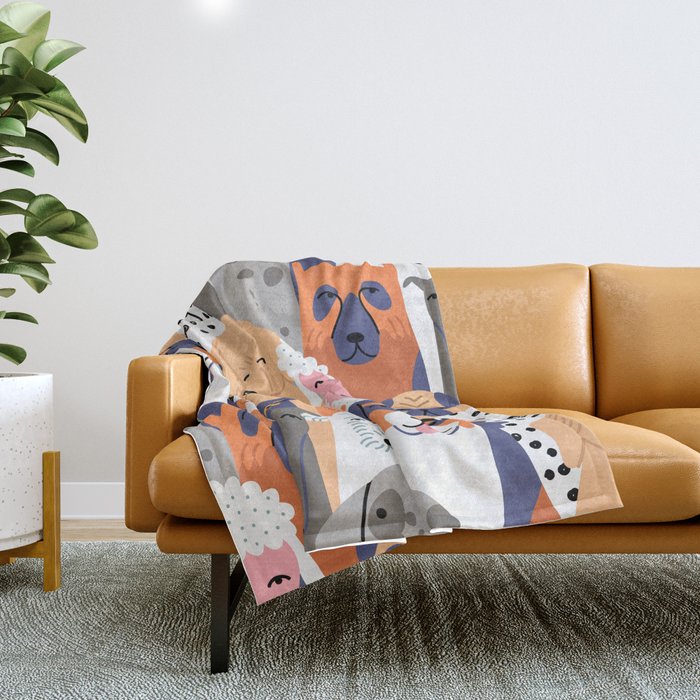Funny diverse dog crowd character cartoon background Throw Blanket Gallery Image 1