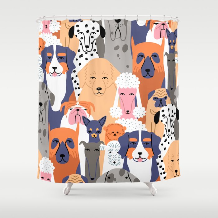 Funny diverse dog crowd character cartoon background Shower Curtain Gallery Image 1