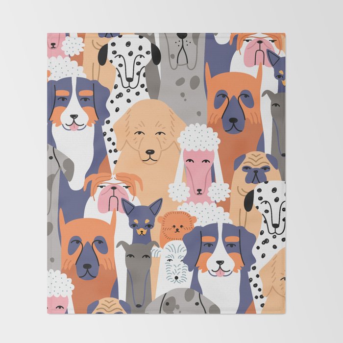 Funny diverse dog crowd character cartoon background Throw Blanket Gallery Image 2