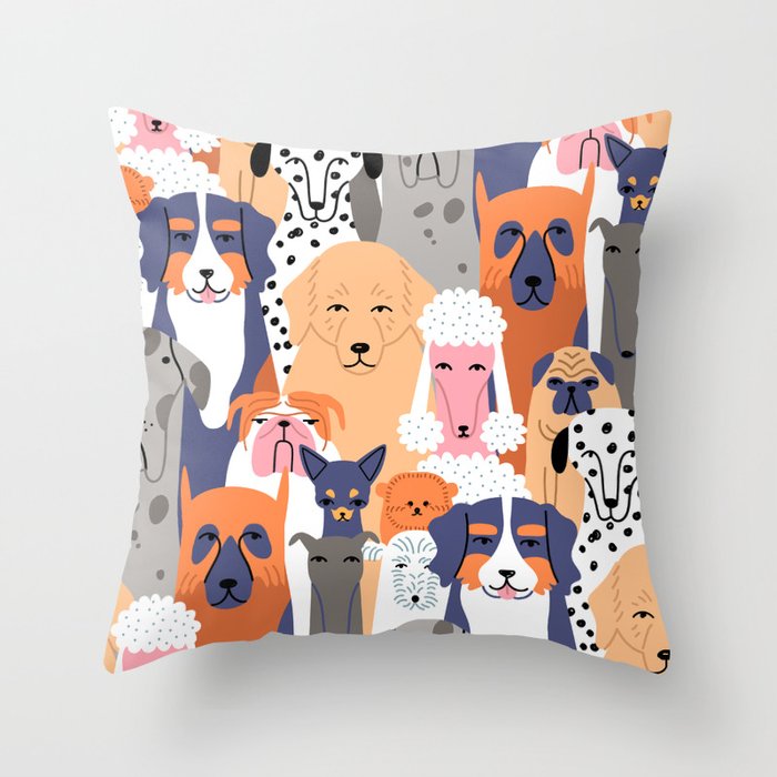 Funny diverse dog crowd character cartoon background Throw Pillow Gallery Image 1