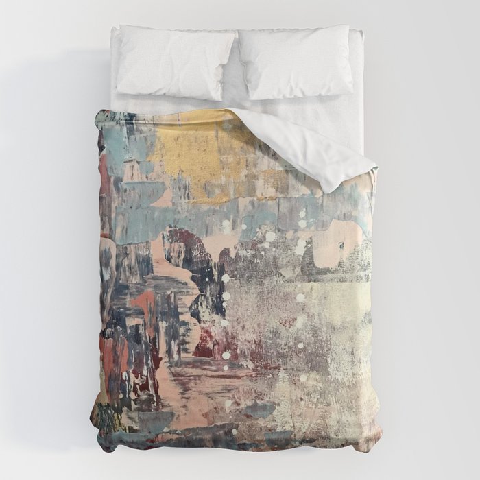Mirage [1]: a vibrant abstract piece in pinks blues and gold by Alyssa Hamilton Art Duvet Cover Gallery Image 1