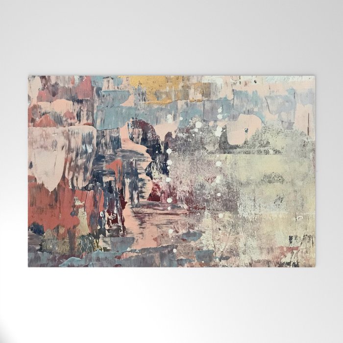 Mirage [1]: a vibrant abstract piece in pinks blues and gold by Alyssa Hamilton Art Welcome Mat Gallery Image 1
