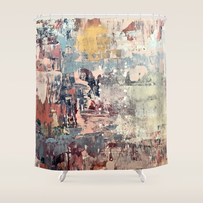 Mirage [1]: a vibrant abstract piece in pinks blues and gold by Alyssa Hamilton Art Shower Curtain Gallery Image 1