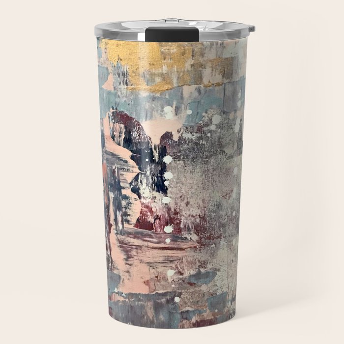 Mirage [1]: a vibrant abstract piece in pinks blues and gold by Alyssa Hamilton Art Travel Mug Gallery Image 1