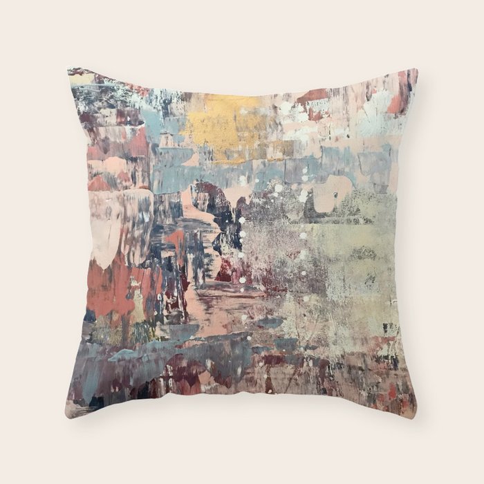 Mirage [1]: a vibrant abstract piece in pinks blues and gold by Alyssa Hamilton Art Throw Pillow Gallery Image 1