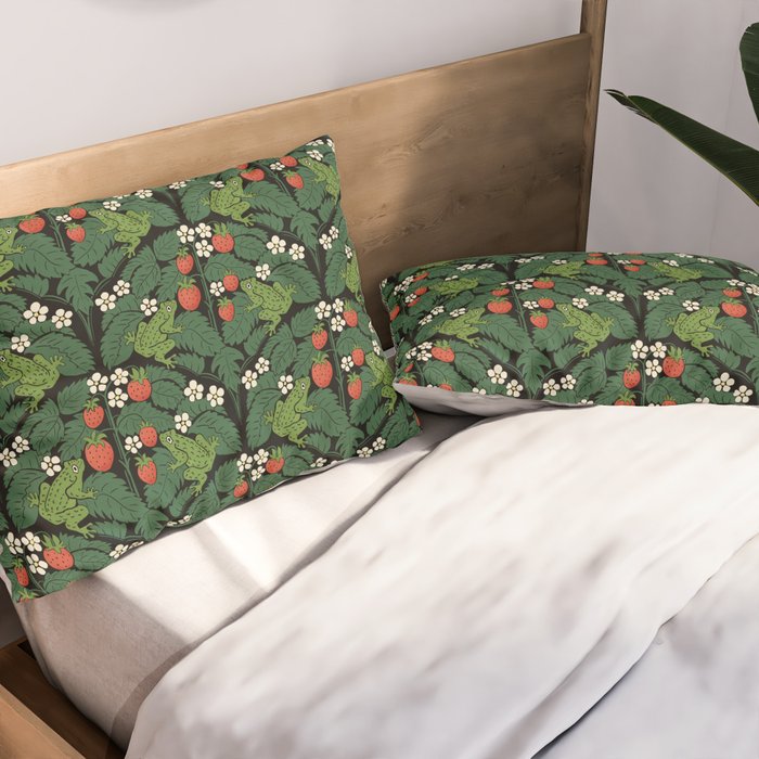 Bullfrogs And Wild Strawberries On Black Pillow Sham Gallery Image 2