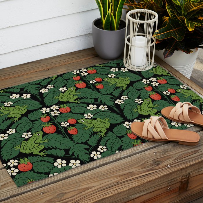Bullfrogs And Wild Strawberries On Black Outdoor Rug Gallery Image 2