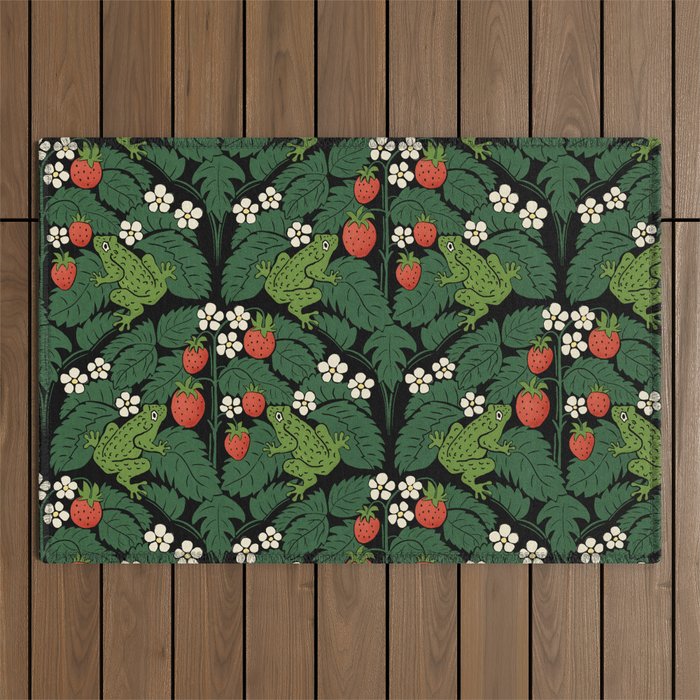 Bullfrogs And Wild Strawberries On Black Outdoor Rug Gallery Image 1
