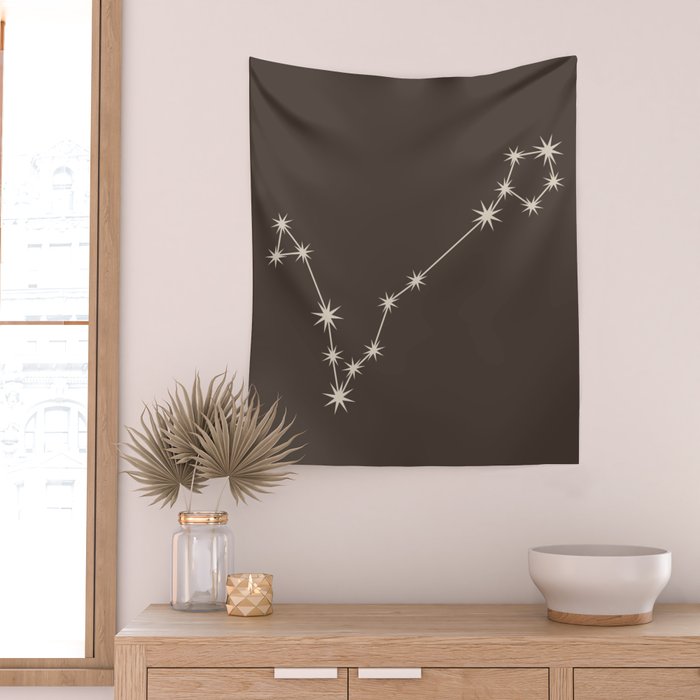 Pisces Zodiac Star Constellation Line Art Coffee Brown Wall Tapestry Gallery Image 2