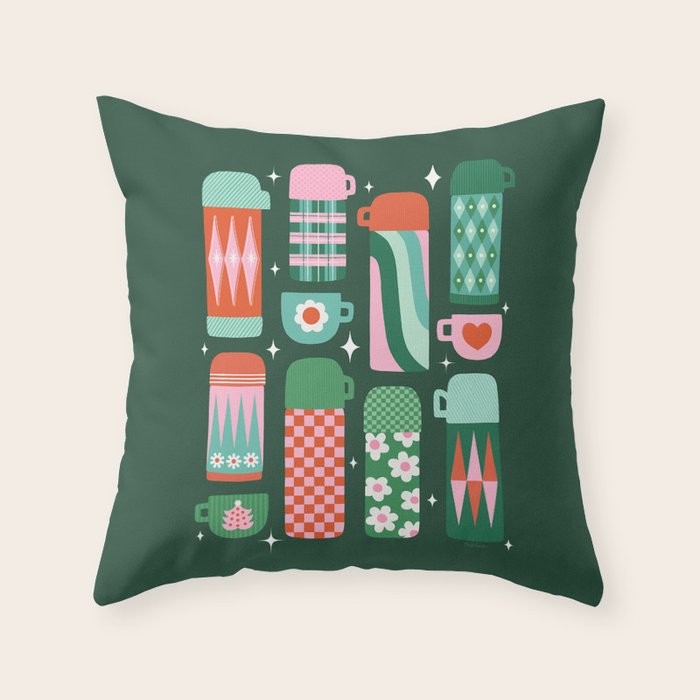 Retro Christmas Coffee Thermoses - Green Throw Pillow Gallery Image 1