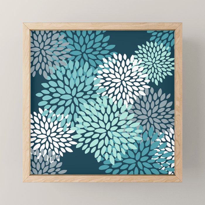 Modern Flowers Print, Teal and White Mini Art Print Gallery Image 1