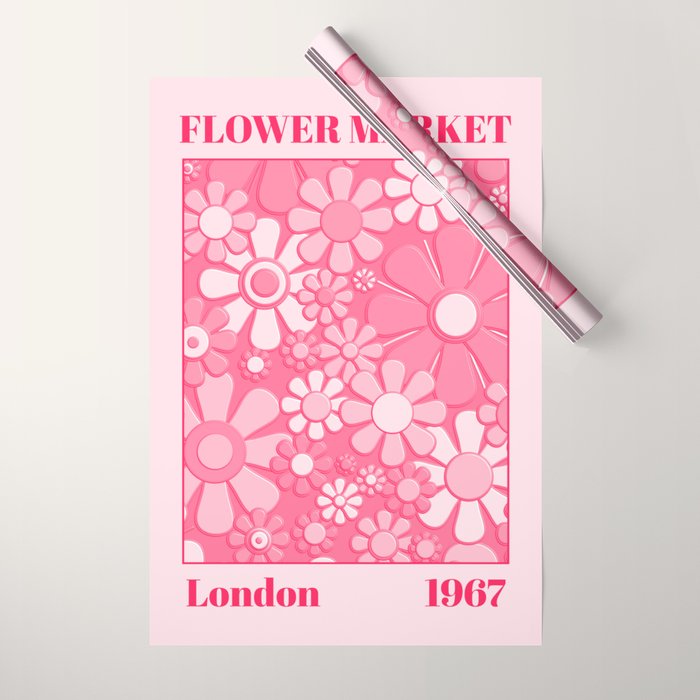 Flower Market London 1967 Pink Retro Floral 60s Plastic Look Wrapping Paper Gallery Image 1