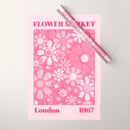 Flower Market London 1967 Pink Retro Floral 60s Plastic Look Wrapping Paper Gallery Image 1