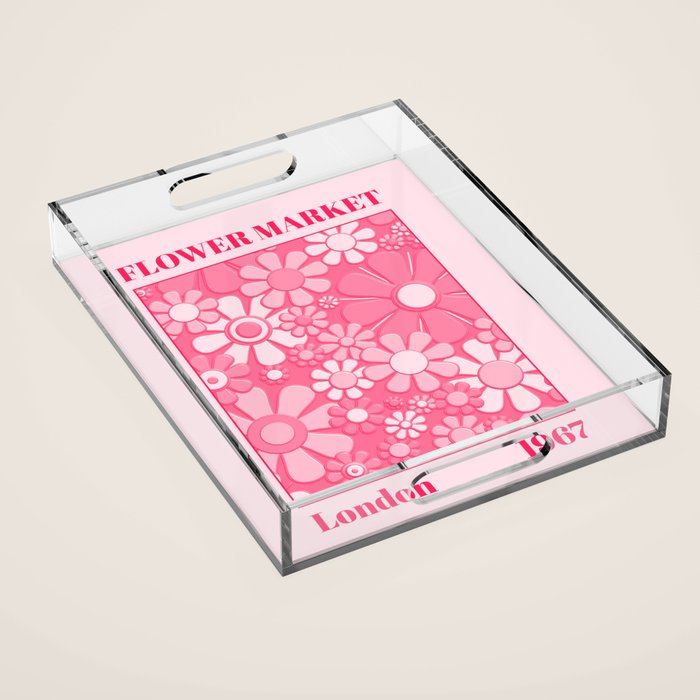 Flower Market London 1967 Pink Retro Floral 60s Plastic Look Acrylic Tray Gallery Image 1