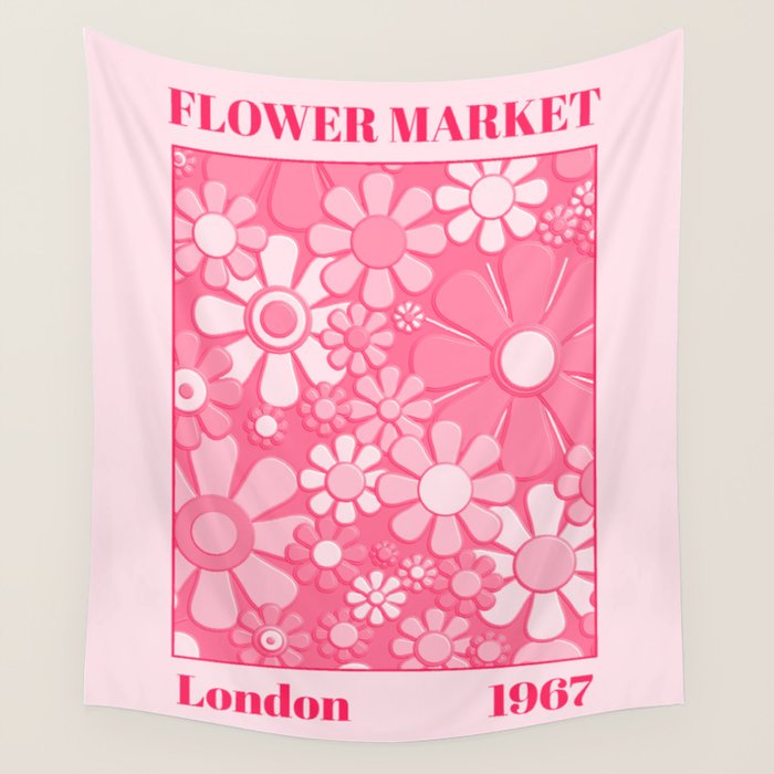 Flower Market London 1967 Pink Retro Floral 60s Plastic Look Wall Tapestry Gallery Image 1