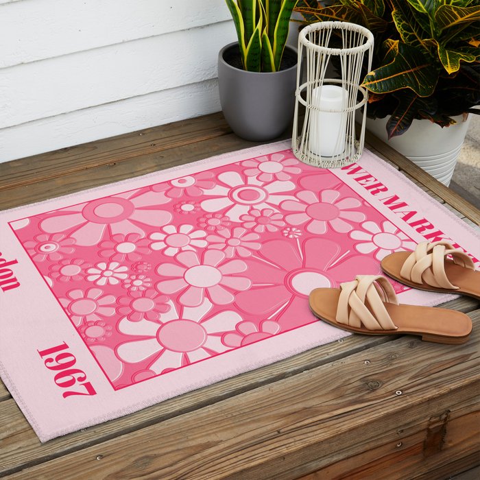 Flower Market London 1967 Pink Retro Floral 60s Plastic Look Outdoor Rug Gallery Image 2
