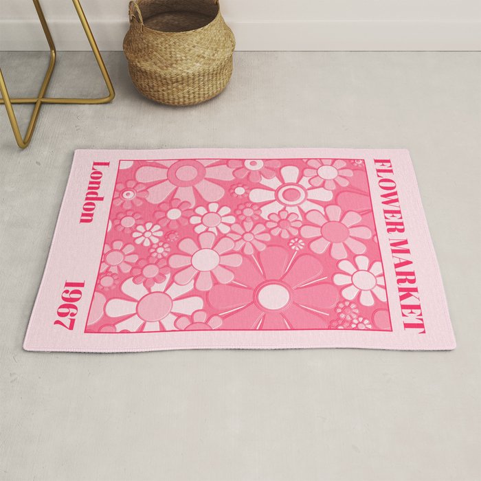 Flower Market London 1967 Pink Retro Floral 60s Plastic Look Rug Gallery Image 1