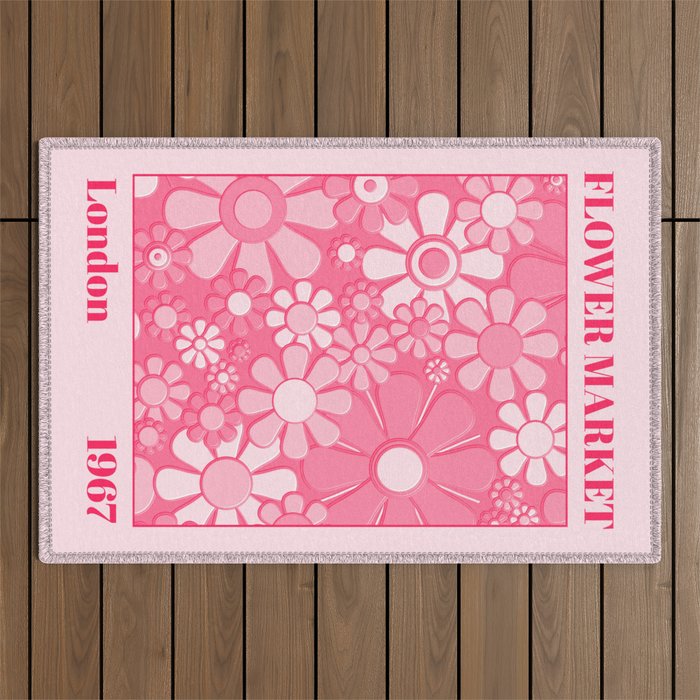 Flower Market London 1967 Pink Retro Floral 60s Plastic Look Outdoor Rug Gallery Image 1