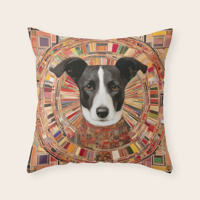 Klimt Dog Art Painting with Colorful Geometric Patterns Throw Pillow Gallery Image 1