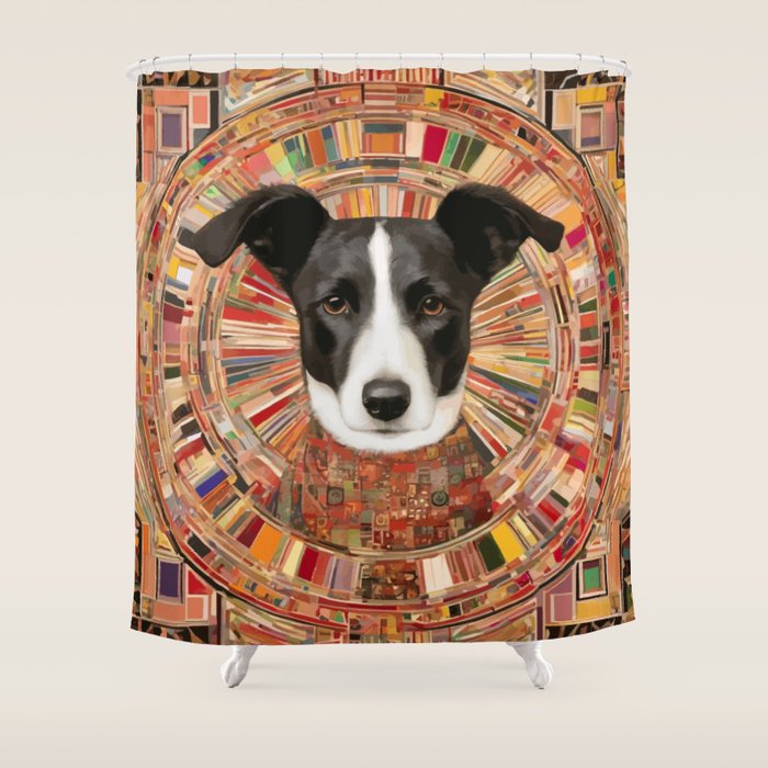 Klimt Dog Art Painting with Colorful Geometric Patterns Shower Curtain Gallery Image 1