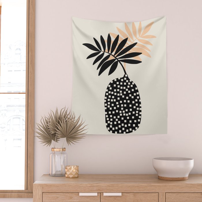 Still Life with Vase and Tropical Leaves Wall Tapestry Gallery Image 2